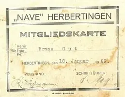 Vergilbte Mitgliedskarte des „NAVE“ Herbertingen für Franz Gut, ausgestellt am 18. Januar 1929, mit Unterschriften von Vorstand und Schriftführer