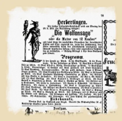 Alte Zeitungsanzeige aus Herbertingen mit der Überschrift „Die Welfensage“ und dem Programm der Aufführung