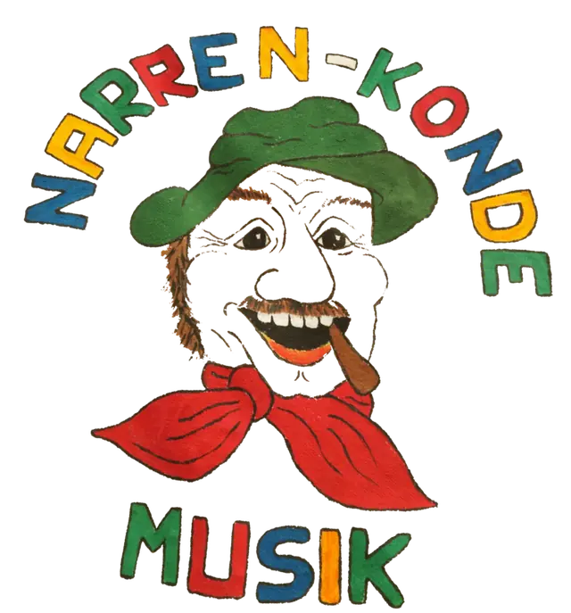 Logo der Narren-Kondemusik: gezeichneter Kopf mit grünem Hut, Zigarre und rotem Halstuch, darum bunte Buchstaben